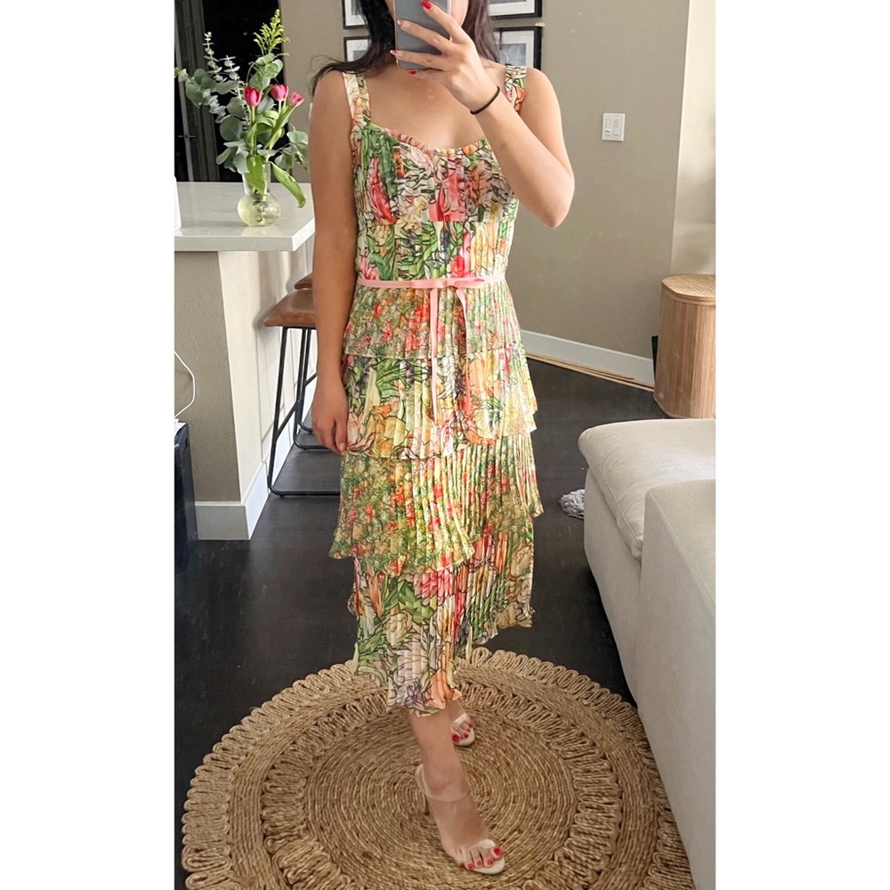 Marchesa Notte Dress Floral Tiered Ruffle Pleated Coral Midi Size 8